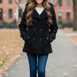 George Black Pea Coat With Detachable Hood. Size 4/6 Small.